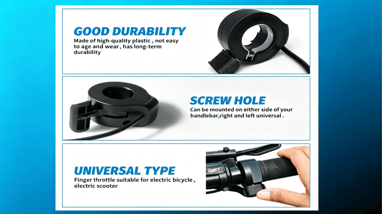 Feature chart of 130X thumb throttle, wear-resistant plastic durability, screw hole left-right handlebar mount, universal finger throttle for electric bike and electric scooter