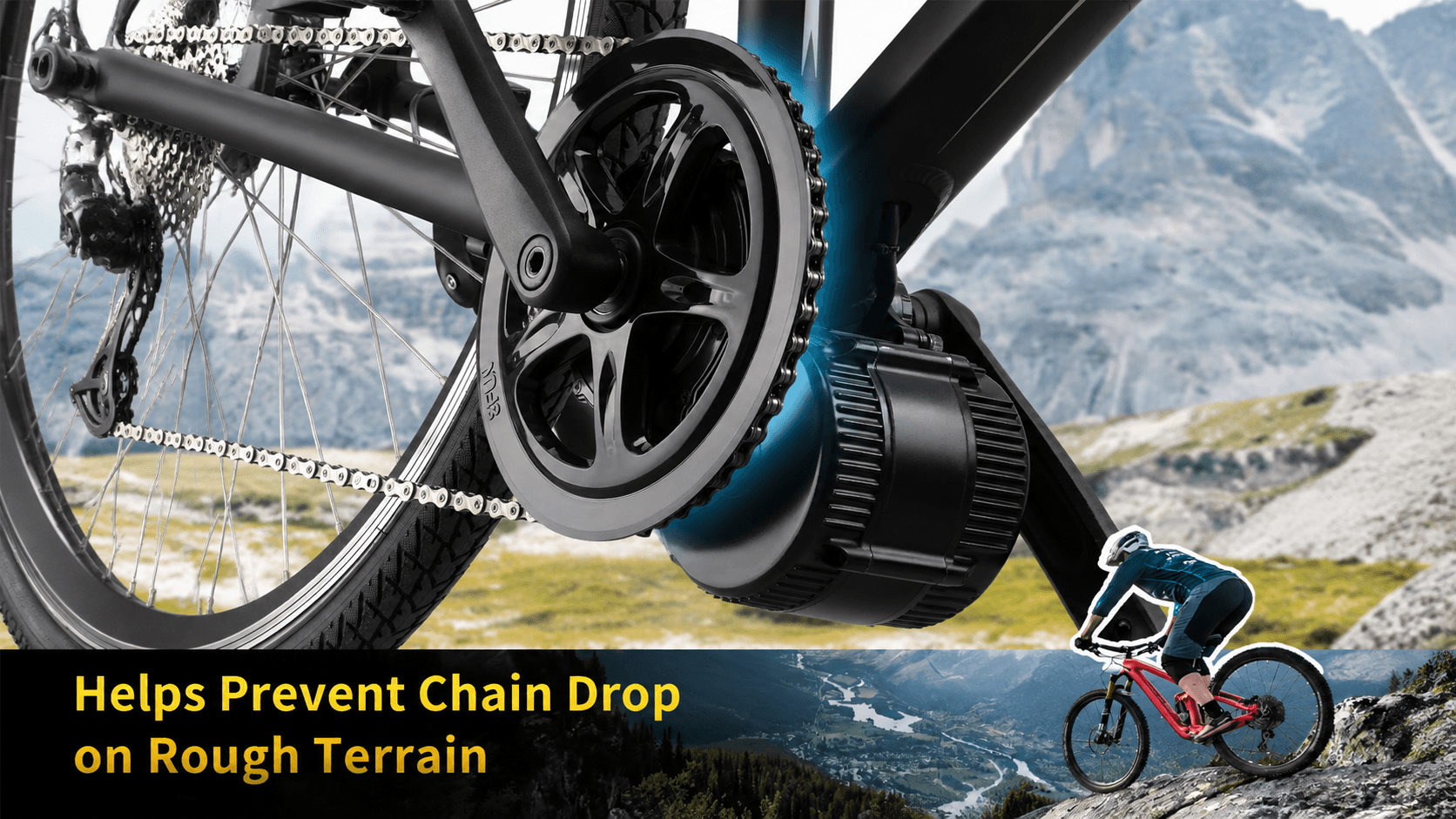 Black one piece ebike chain guard chainring prevents chain falling off on off-road rough trails, fit BAFANG mid drive motor electric mountain bike