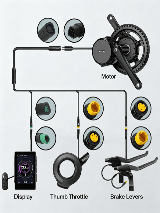 Connection schematic diagram of Bafang mid motor with 1T4 ebike harness cable, connect display, thumb throttle, dual brake levers via waterproof splitter wire