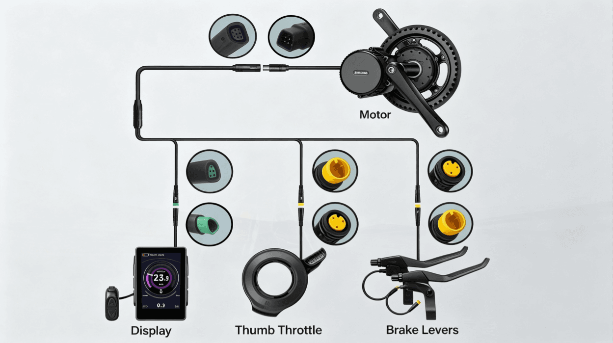 Complete wiring diagram of Bafang mid motor system, how 1T4 harness connects display, thumb throttle and dual brake levers via EB-Bus protocol