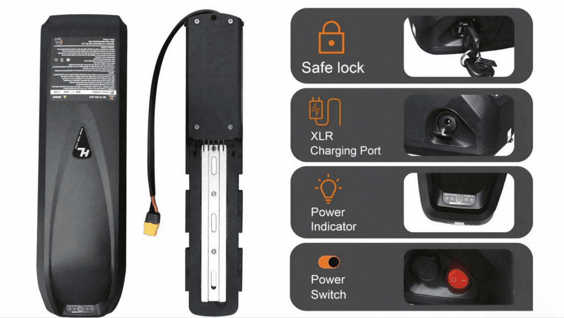 Hailong downtube e-bike battery with anti-theft safe lock, XLR charging port, power indicator and on/off power switch