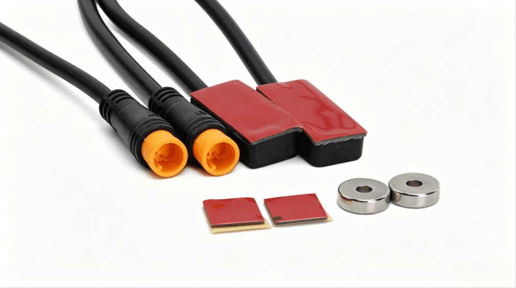Close-up of ebike brake sensor yellow 3pin plug, red adhesive sensors and hollow ring magnets