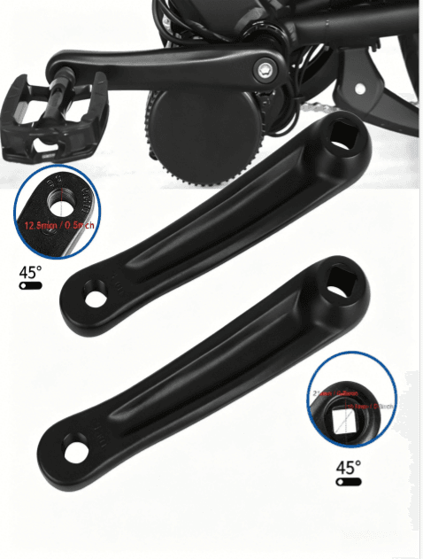 Black e-bike crank arm mounted on mid motor bicycle, technical diagram with 12.8mm & 21mm hole size measurements, 45° rhombus interface illustration