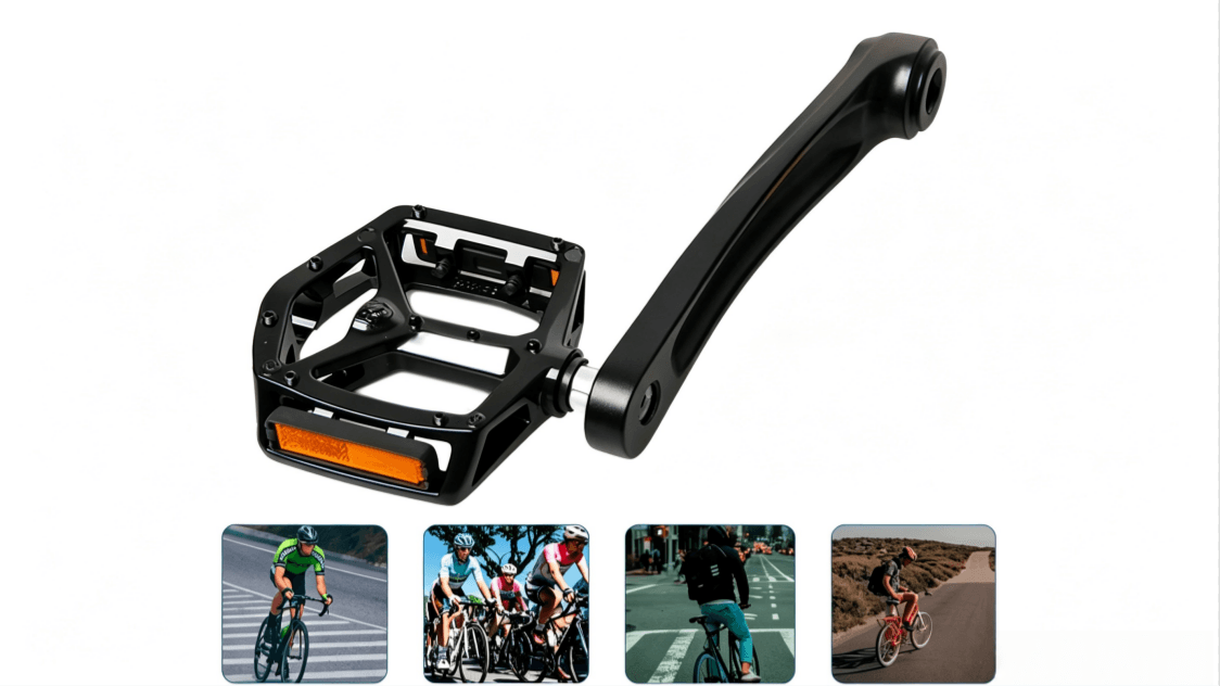 Assembled ebike crank arm matched with wide anti-slip alloy platform pedals, multi cycling scene thumbnails at bottom