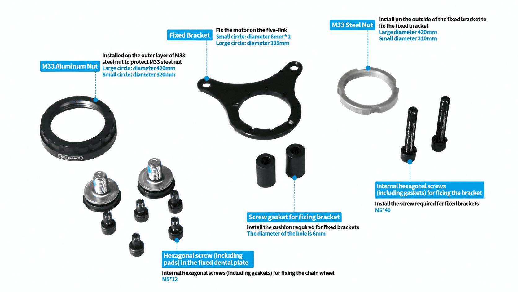 Special version BAFANG mid drive motor mounting kit with M640 long hex screws and spacer gaskets, fixed bracket, M33 steel & aluminum nuts, for special frame BBS01B/BBS02B/BBSHD conversion kits