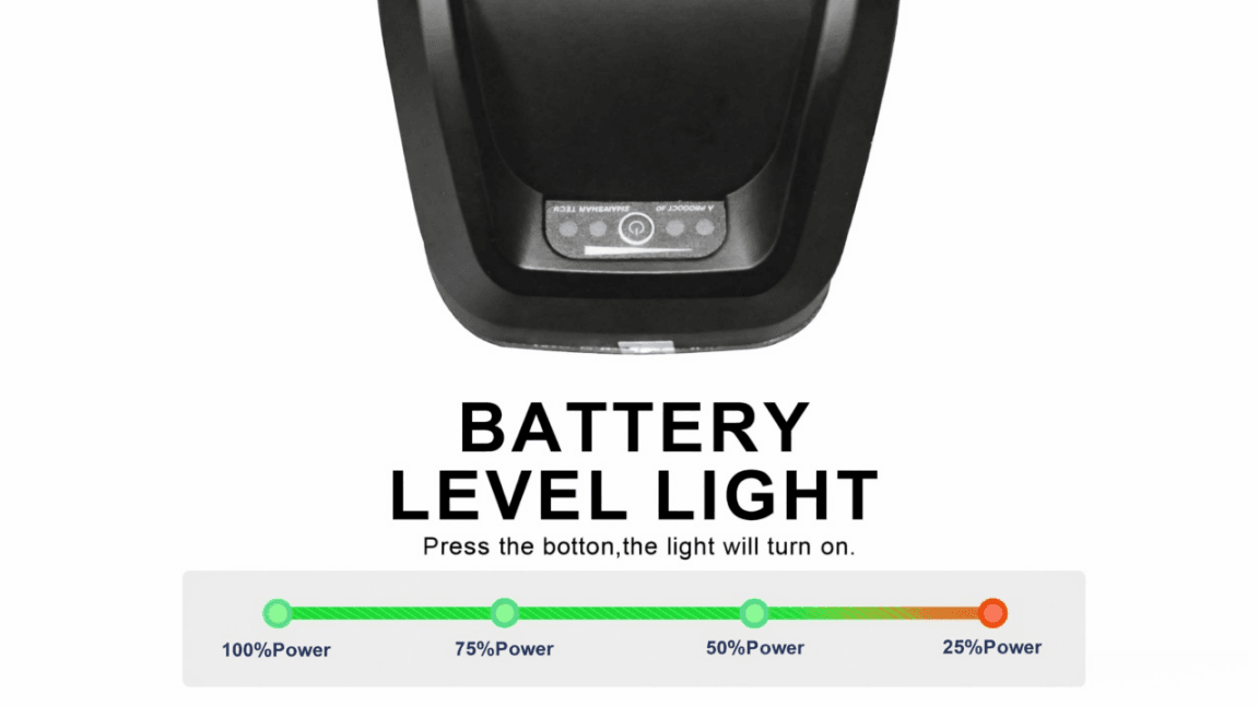 One-touch LED power level light for Hailong ebike battery, showing 100%-25% remaining power clearly