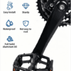 Electric bike crank arm feature infographic, icons show easy install, sturdy, waterproof, anti-rust, full solid aluminum alloy construction, crank mounted on e-bike chainset