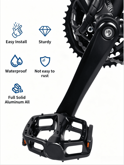 Electric bike crank arm feature infographic, icons show easy install, sturdy, waterproof, anti-rust, full solid aluminum alloy construction, crank mounted on e-bike chainset