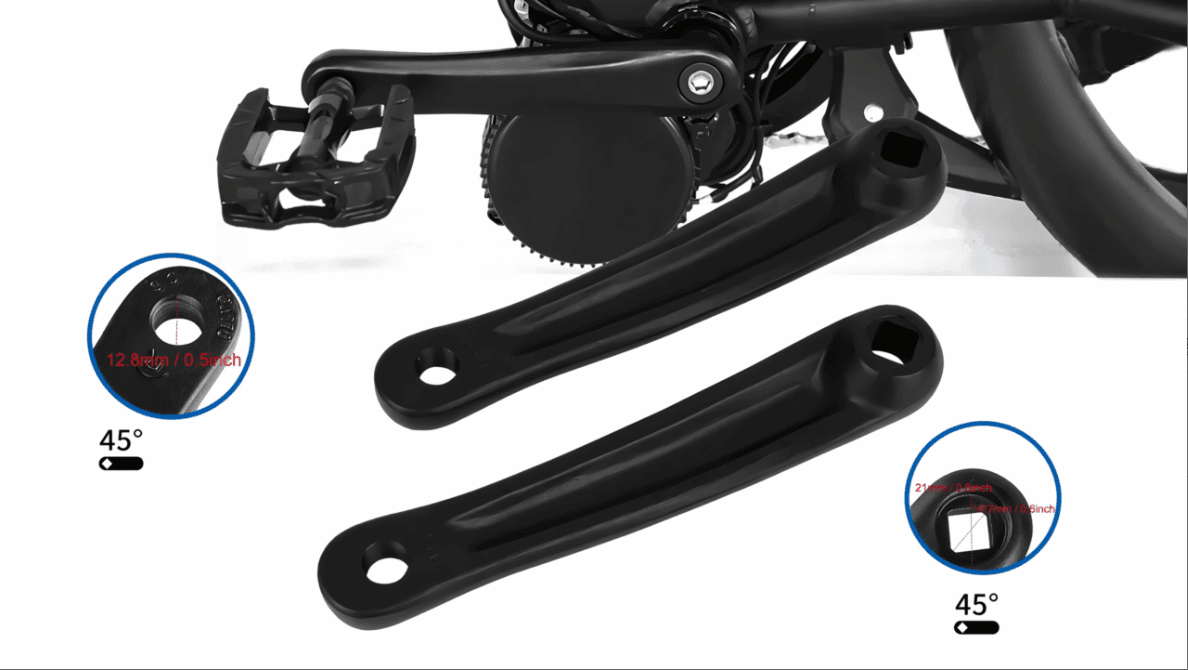 Black electric bike crank installed on mid drive e-bike, zoom circle marks 12.8mm & 16.7mm hole dimension, 45° rhombus square interface marking
