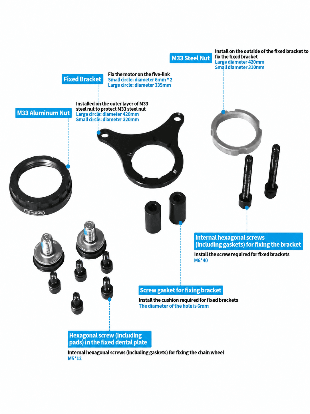 BAFANG mid motor mounting hardware with M6*40 extended hex screws, spacer gaskets, compatible with special frame BBSHD BBS02 conversion kits