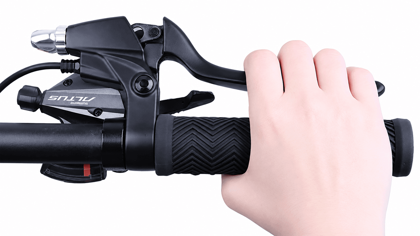 Human hand holding e-bike handlebar with Bafang cut-off brake lever, comfortable grip operation demo for electric bike brake handle