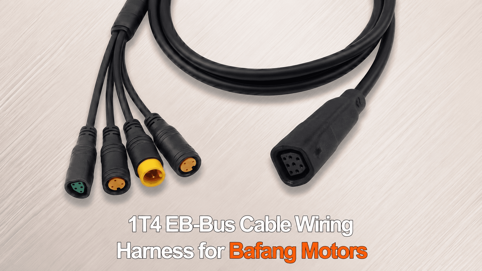 Macro close-up of 1T4 Bafang harness connectors, showing 5Pin female, 3Pin female, 8Pin male waterproof plug details for e-bike modification