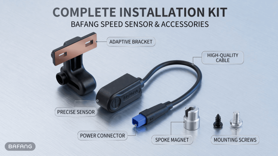 Labeled breakdown of all accessories for Bafang CAN bus speed sensor, adaptive bracket, hall sensor, CAN cable, spoke magnet and mounting screws included