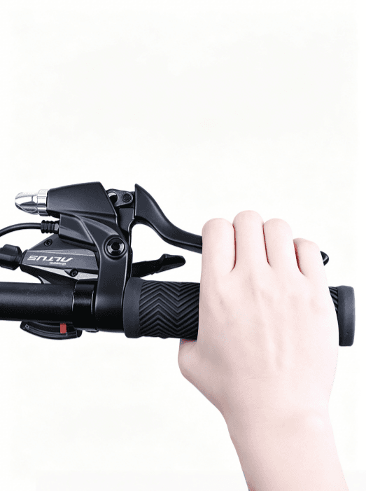 Close-up shot of holding Bafang electric bicycle brake handle, matching bike shift grip