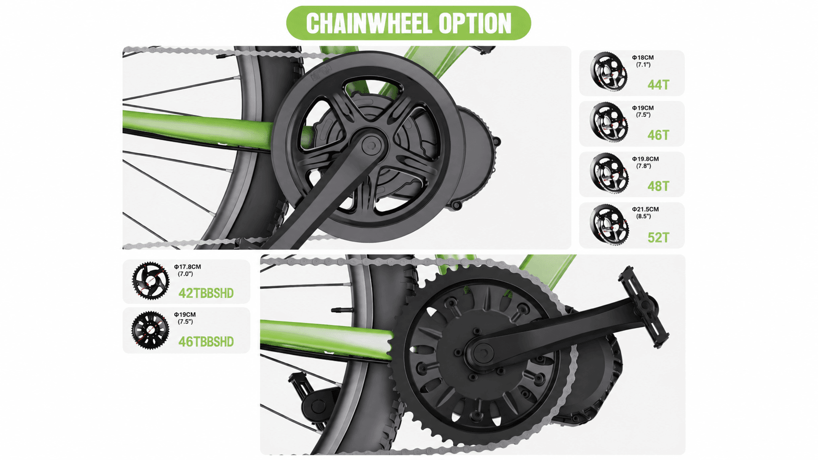 All chainwheel options for Bafang mid motor ebike kit, standard 44T 46T 48T 52T for 250-750W BBS01B BBS02B, 42TBBSHD 46TBBSHD dedicated chainring for 1000W BBSHD high power motor with diameter size marked