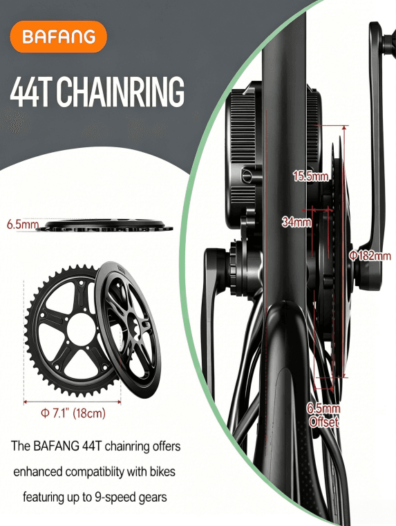Detailed dimensions and offset measurements of the BAFANG 44T chainring with chain guard