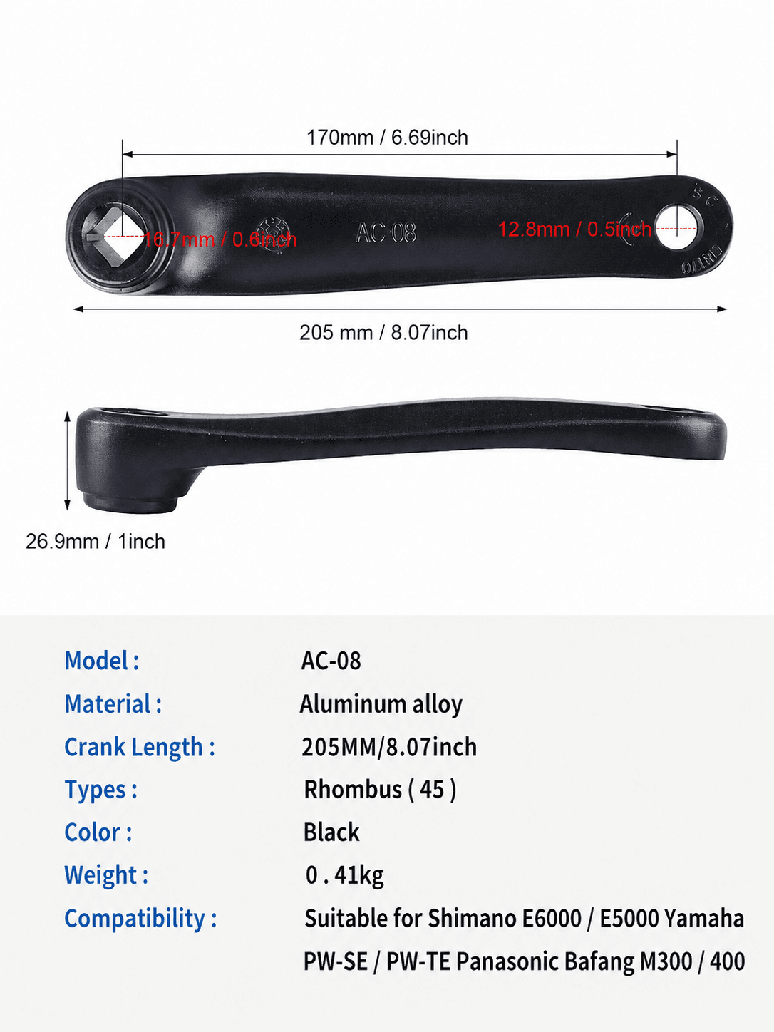 Technical spec sheet for AC08 ebike crank arm, length dimension measurements, model, material, weight, compatible with Bafang Shimano Yamaha Panasonic mid drive motors