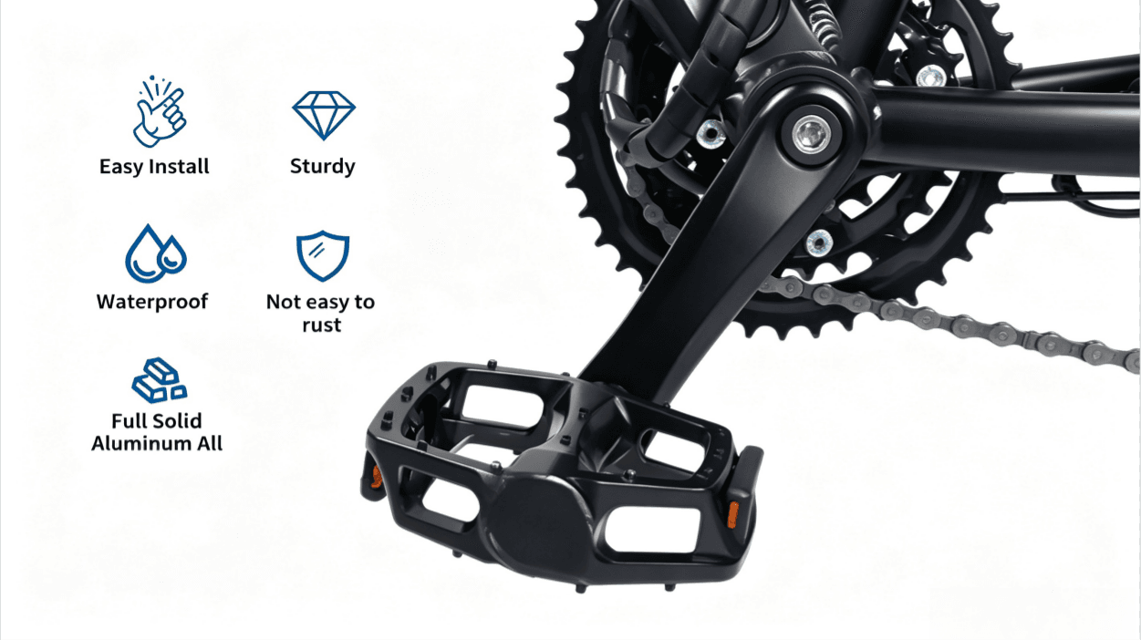 E-bike crank and flat pedal mounted on bicycle chainset, feature icons show easy install, sturdy, waterproof, rustproof, full solid aluminum construction