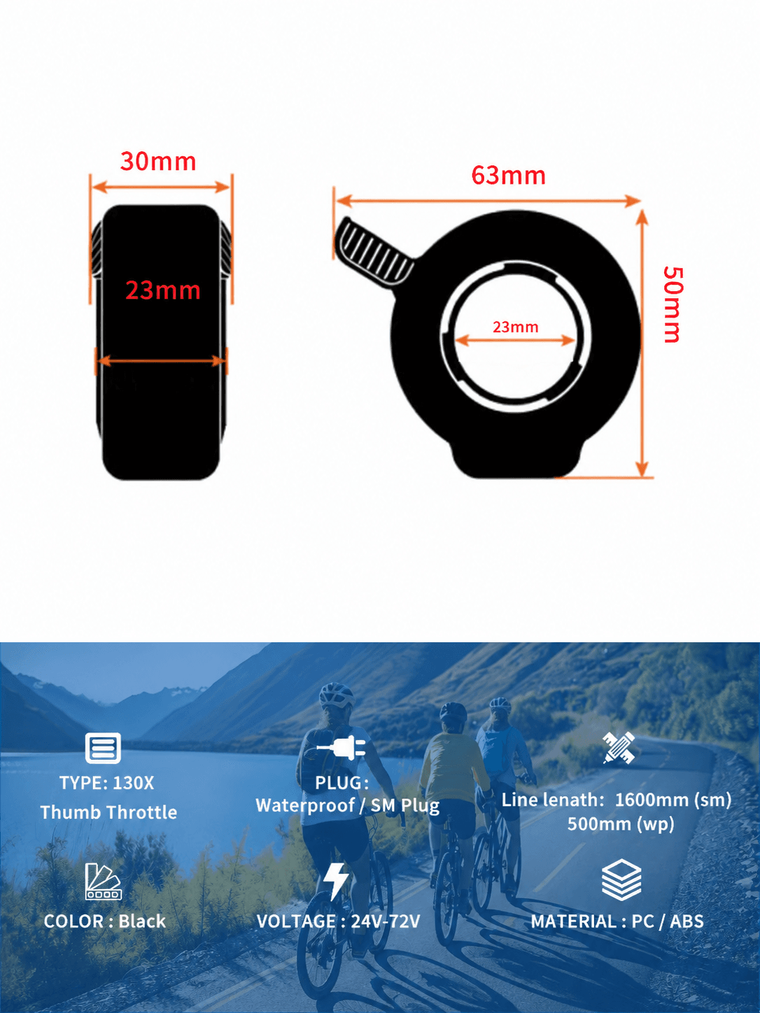 130X thumb throttle size dimension drawing, full specs including voltage 24V-72V, PC ABS material, two types of plugs and cable length