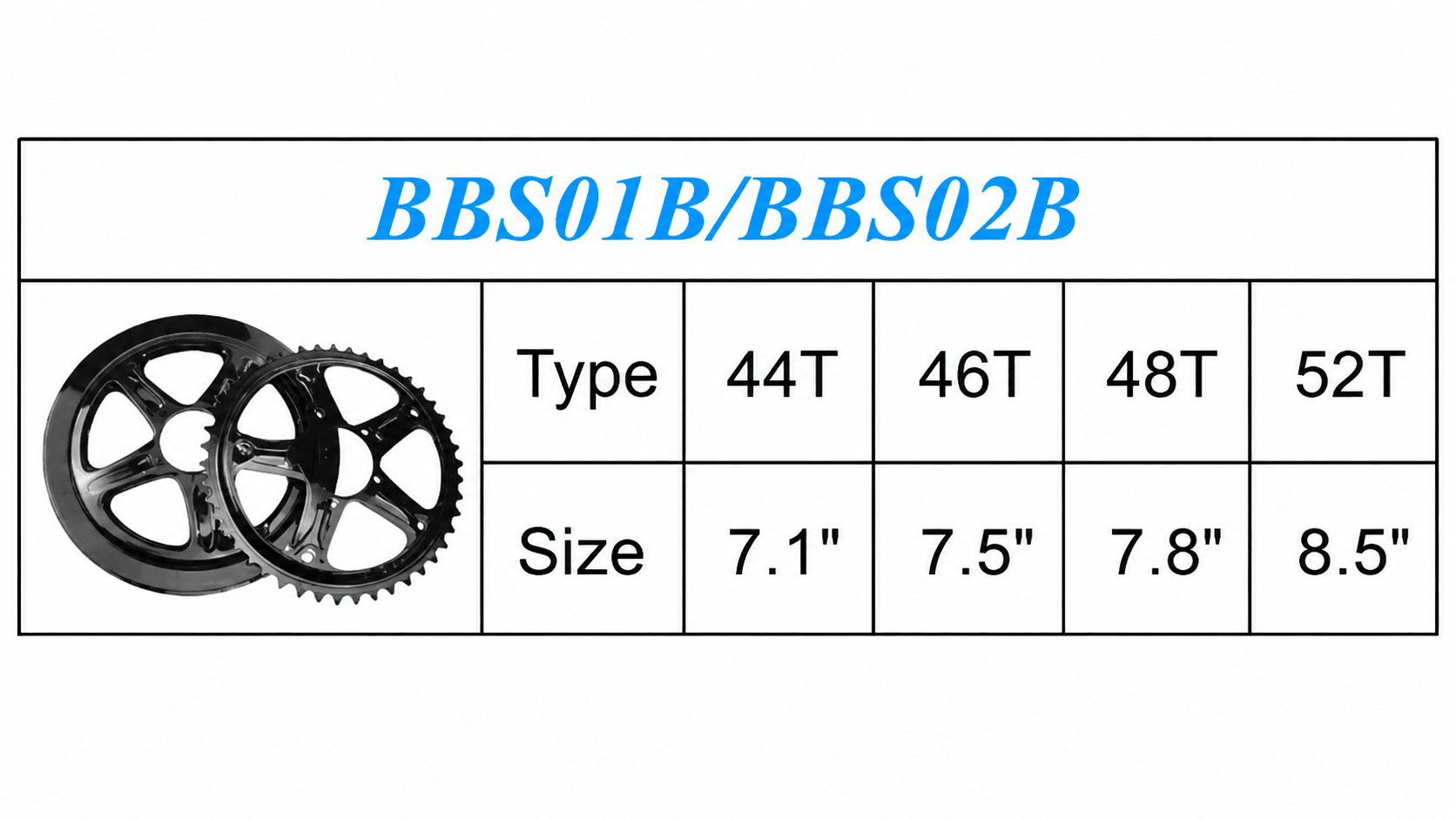 Spec table for BAFANG BBS01B BBS02B mid drive chainring, 44T 7.1", 46T 7.5", 48T 7.8", 52T 8.5" outer diameter size data