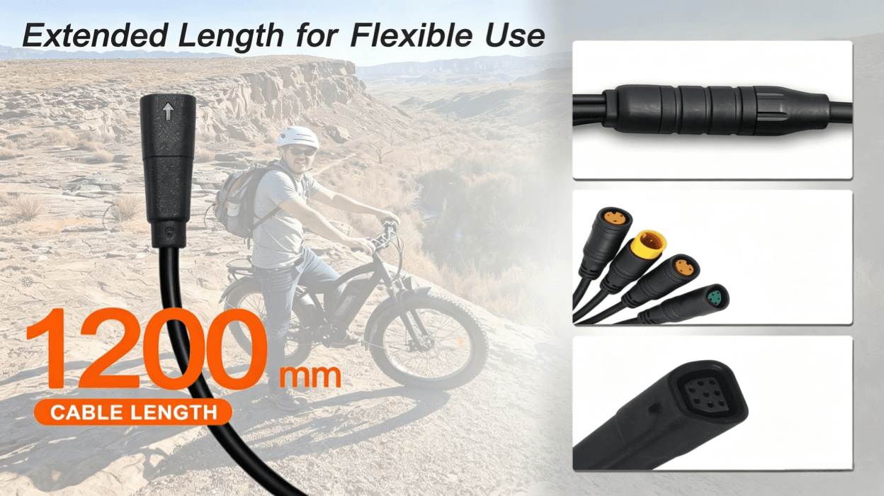 1200mm extended long 1T4 splitter cable for flexible e-bike wiring arrangement, compatible with various mountain fat tire e-bike frame layouts