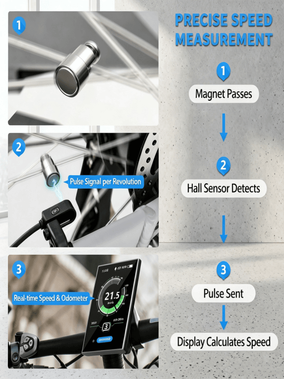 3-step working principle of Bafang hall speed sensor, magnet trigger hall sensor send pulse signal to display for real time speed and odometer calculation