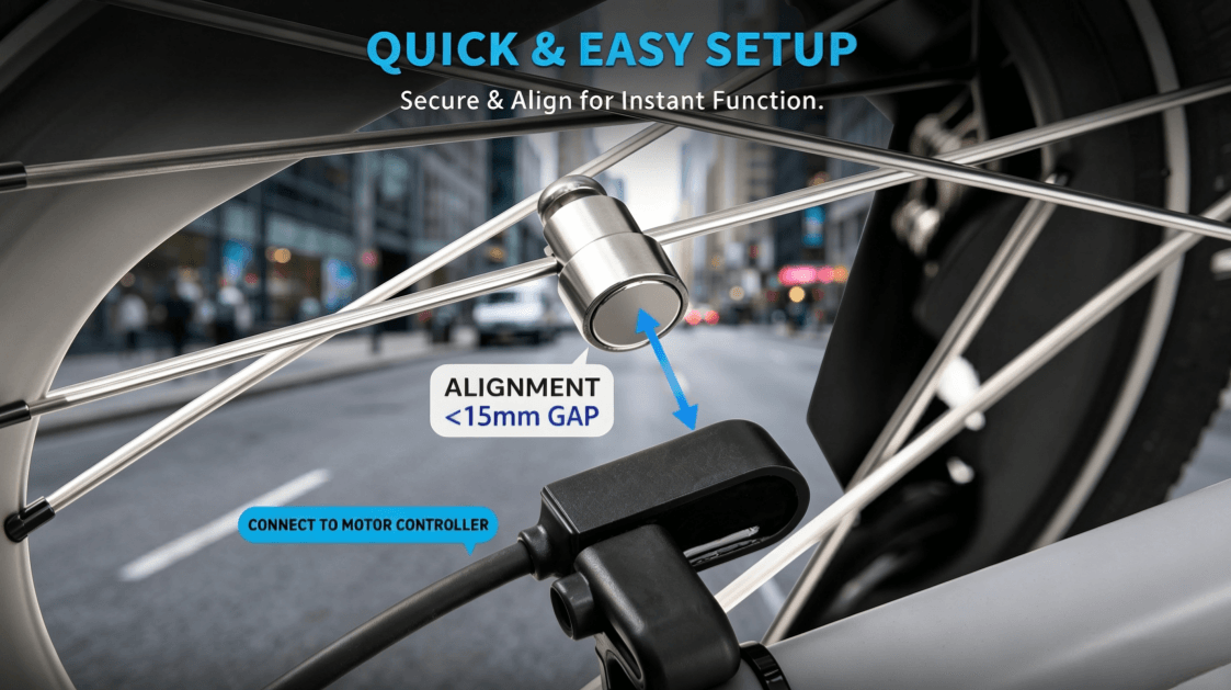 Quick setup tutorial for Bafang ebike speed sensor, alignment requirement less than 15mm between wheel spoke magnet and hall sensor head