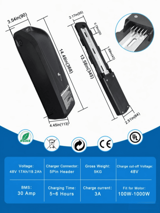 Hailong Down Tube Style Removable E-Bike Replacement Lithium Battery, 48V 17Ah 19.2Ah Ebike Battery - Image 5