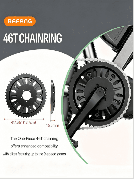 Dimensions and compatibility of the BAFANG 46T one-piece chainring for mid drive conversion kits