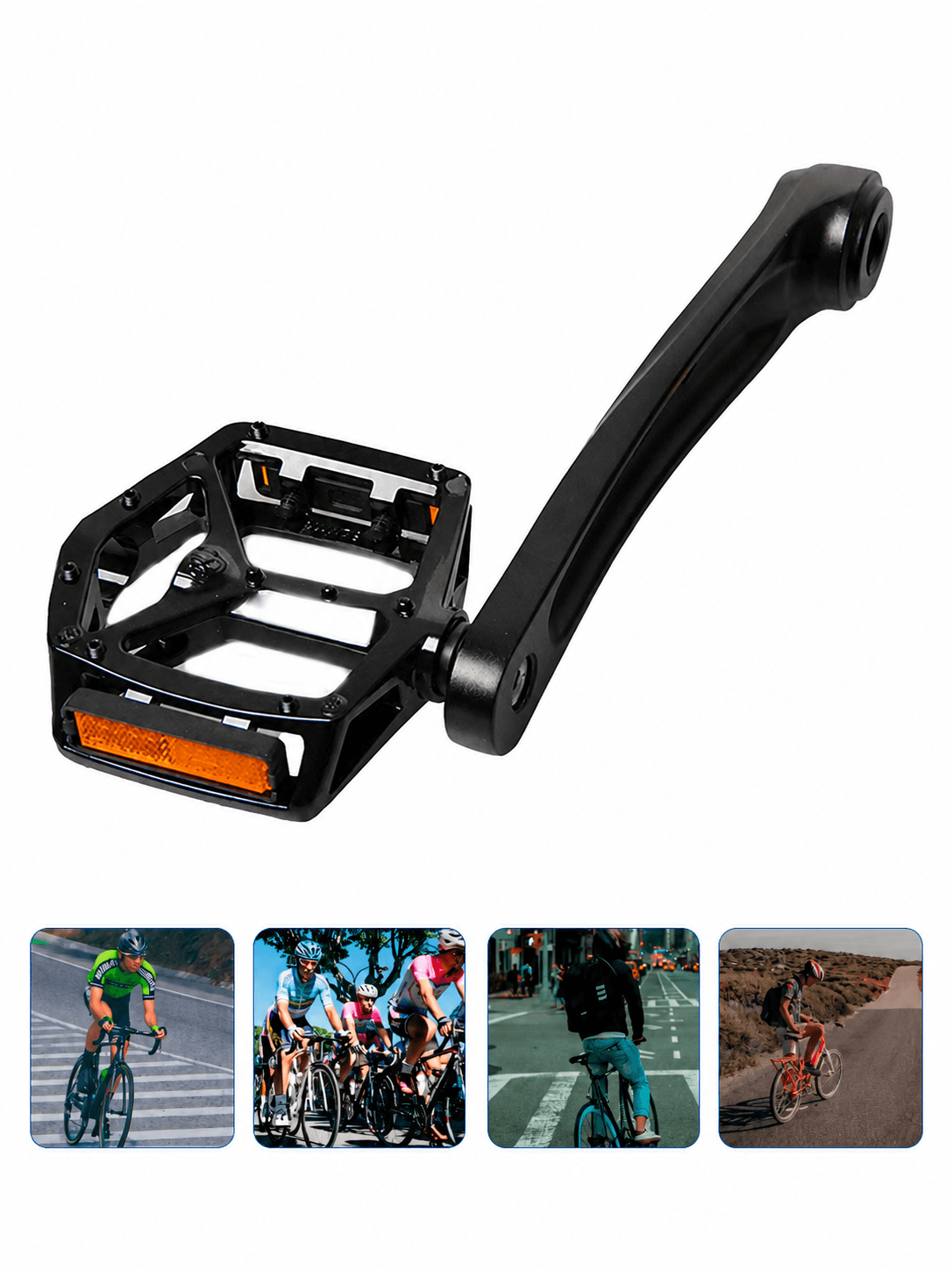 Real shot of finished ebike crank arm paired with wide aluminum platform pedals, below small preview images of mountain, road, city cycling usage scenarios
