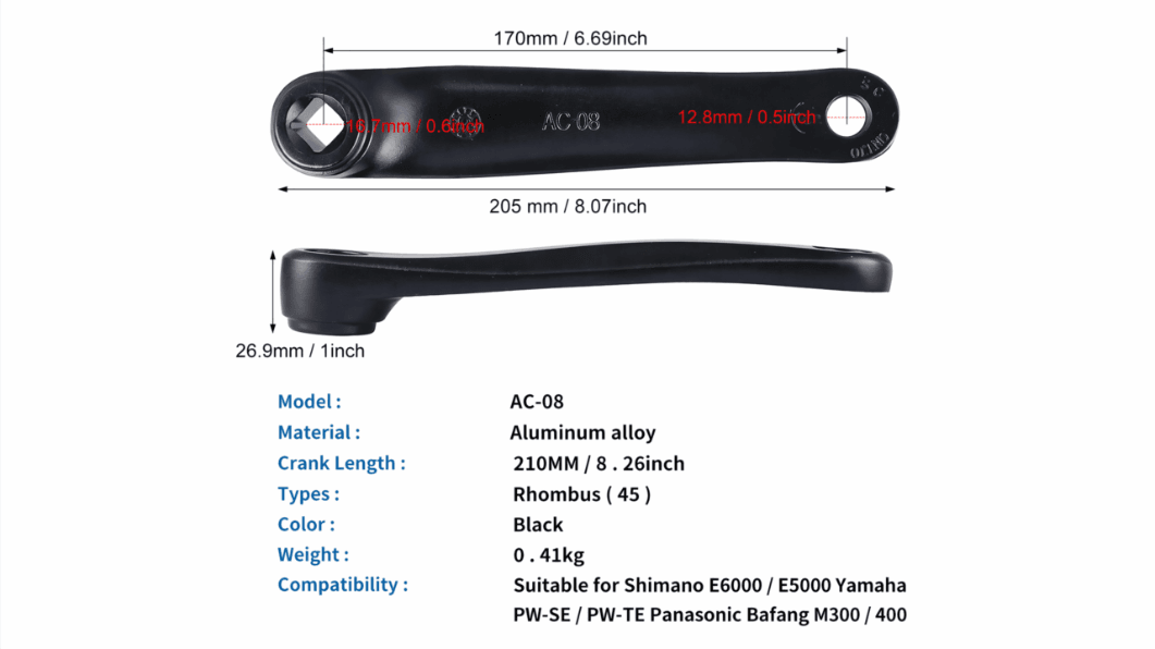 Technical spec sheet for AC08 crank arm, length dimension measurements, model, material, weight, compatible with Bafang Shimano Yamaha Panasonic mid drive motors