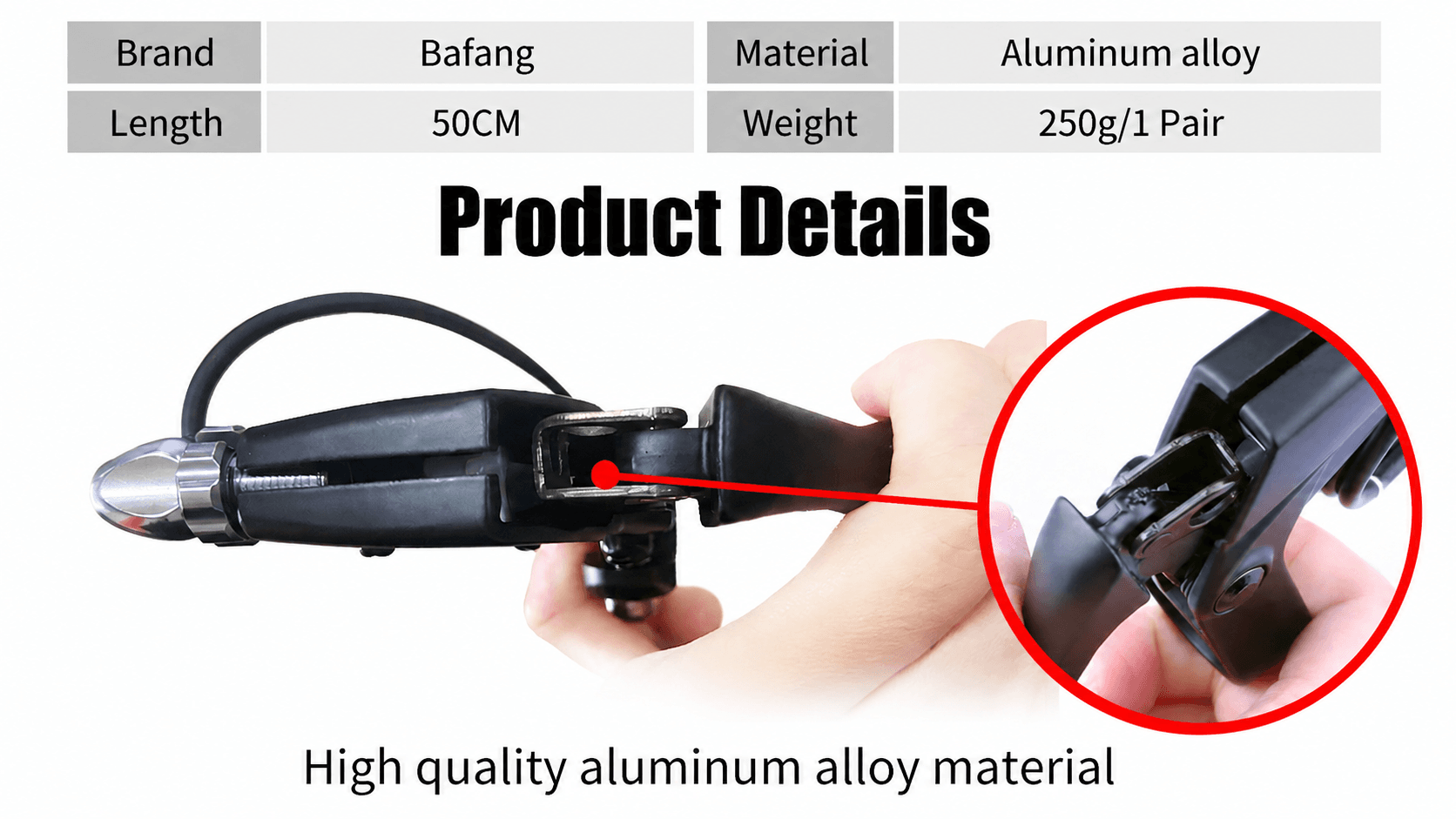 Close-up magnified view of Bafang electric bike brake lever internal alloy mechanism, sturdy aluminum construction power cut off brake handle