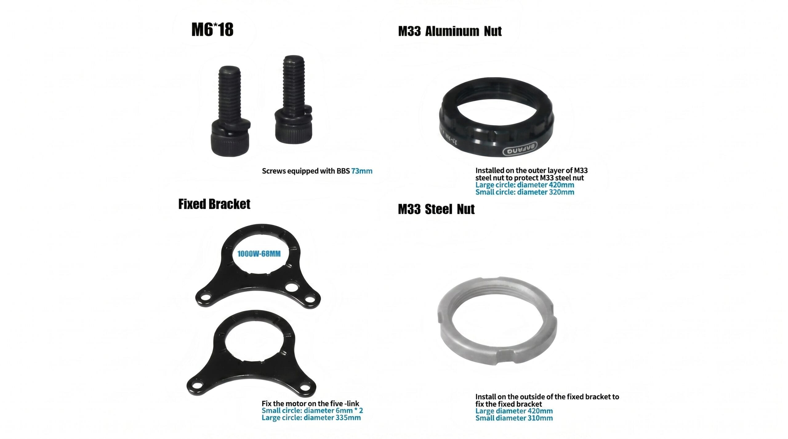 BAFANG mid motor mounting parts: 68mm 1000W fixed bracket, M33 steel lock nut, M33 aluminum protective nut, M6*18 mounting hex screws with gaskets