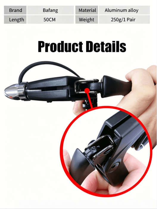 Product details sheet for Bafang ebike brake lever, brand, aluminum alloy material, length 50cm, weight 250g per pair