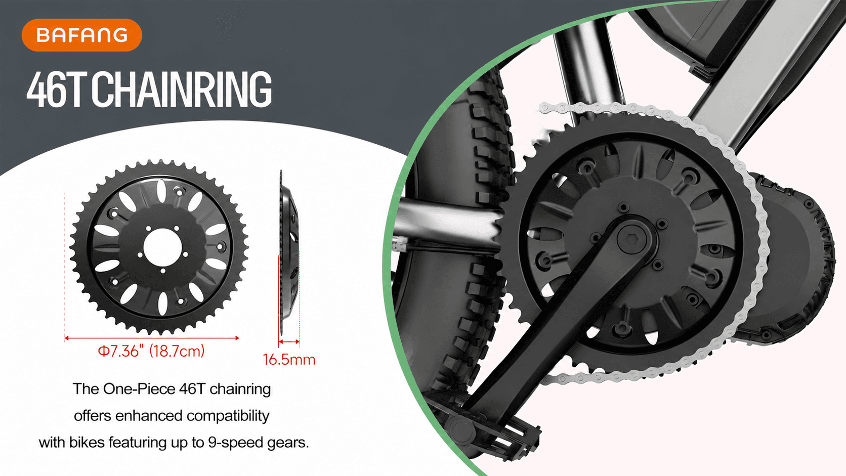 One-piece 46T BAFANG ebike chainring Φ7.36 inch 18.7cm width 16.5mm, compatible with electric bicycles with 9 speed rear gears, single crank sprocket