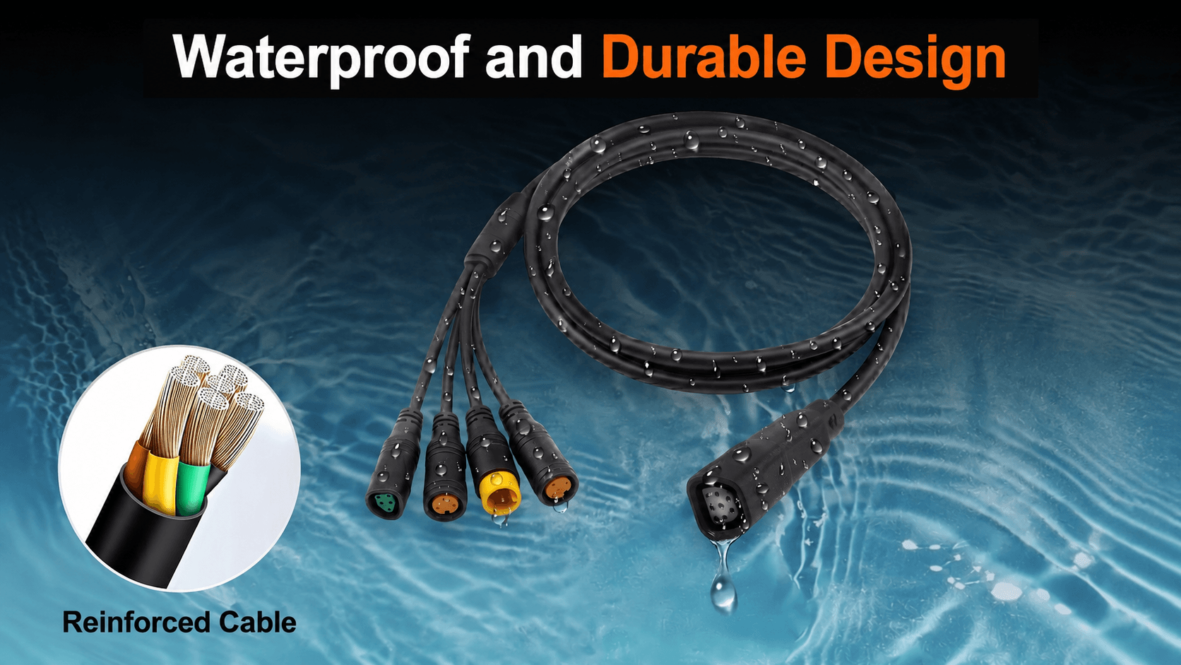 Waterproof reinforced 1T4 harness with thick copper inner wires and water-resistant outer jacket, durable for all weather e-bike riding conditions