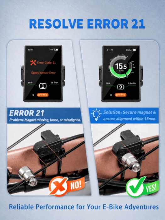 Solve Error Code 21 speed sensor error on Bafang ebike, fix loose missing misaligned spoke magnet with replacement CAN bus speed sensor kit