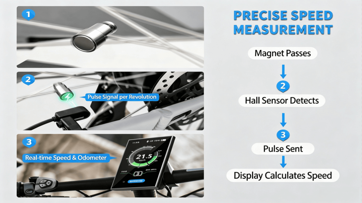3-step working principle of Bafang CAN bus speed sensor, magnet trigger hall sensor, transmit pulse signal, display calculate real-time speed and mileage