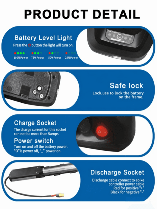 Product detail of 48V down tube electric bike lithium battery, include battery level indicator light, anti-theft safe lock, power switch, charging socket and discharge connector