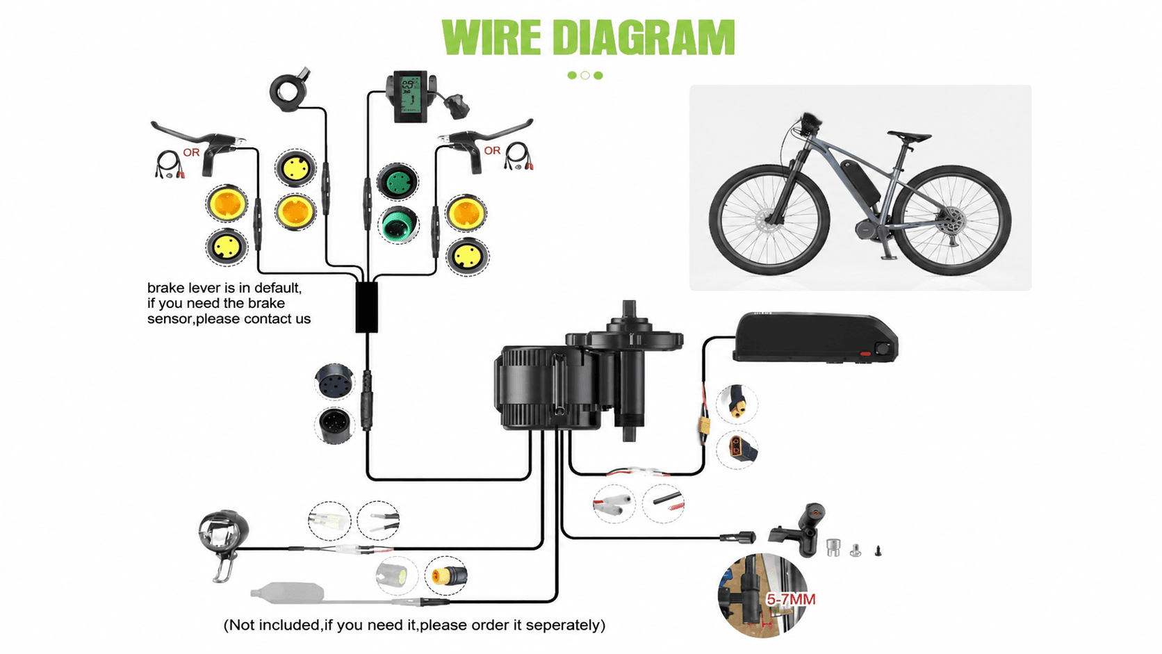 Full wiring schematic diagram of Bafang mid drive ebike kit, connection of display brake lever throttle headlight battery motor spare parts layout