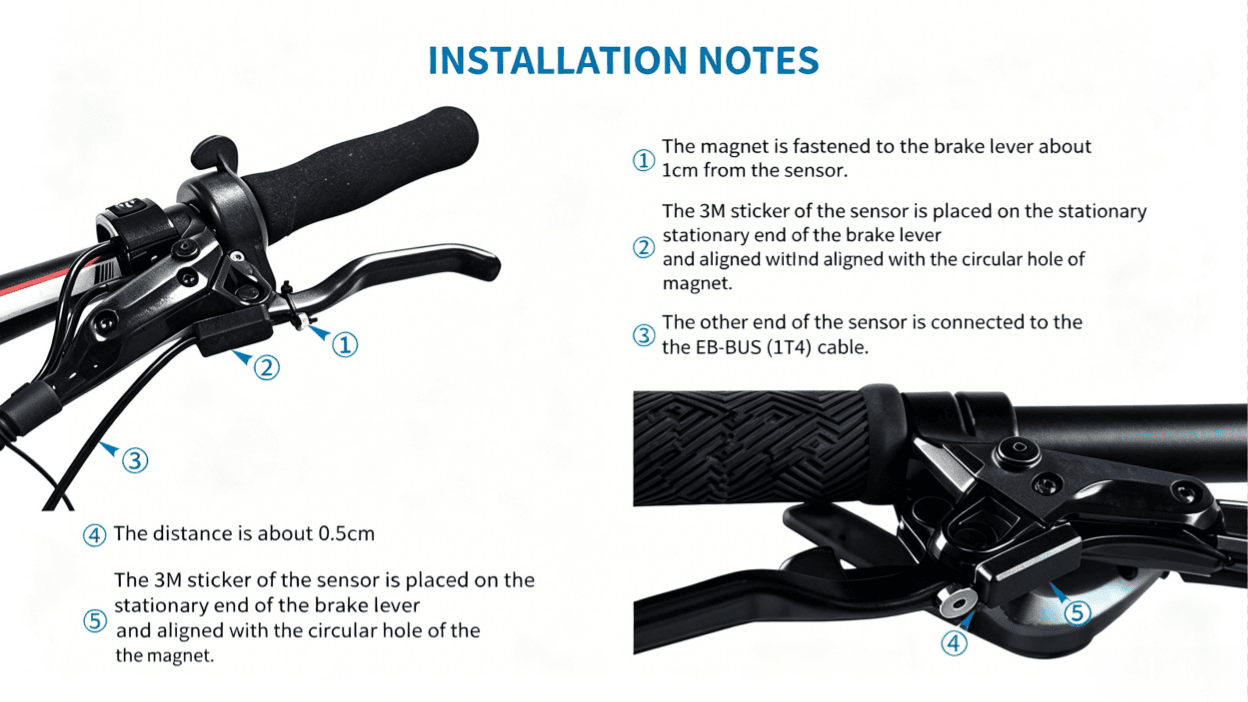 Illustration tutorial for mounting hydraulic brake sensor on e-bike brake lever, magnet distance setup