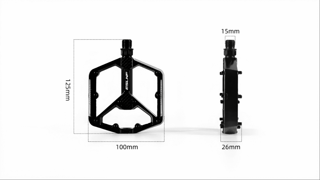 Front and side view of black alloy bicycle platform pedal, dimension marking:125mm,100mm,26mm,15mm, pure white background