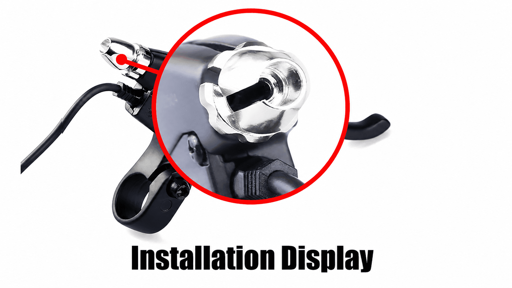 Installation close-up of silver cable adjuster head on Bafang ebike brake lever, adjustable wire connector for electric bicycle power cut brake