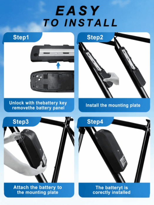 4-step easy installation tutorial for 48V removable down tube electric bike lithium battery, quick mount on ebike frame with mounting plate