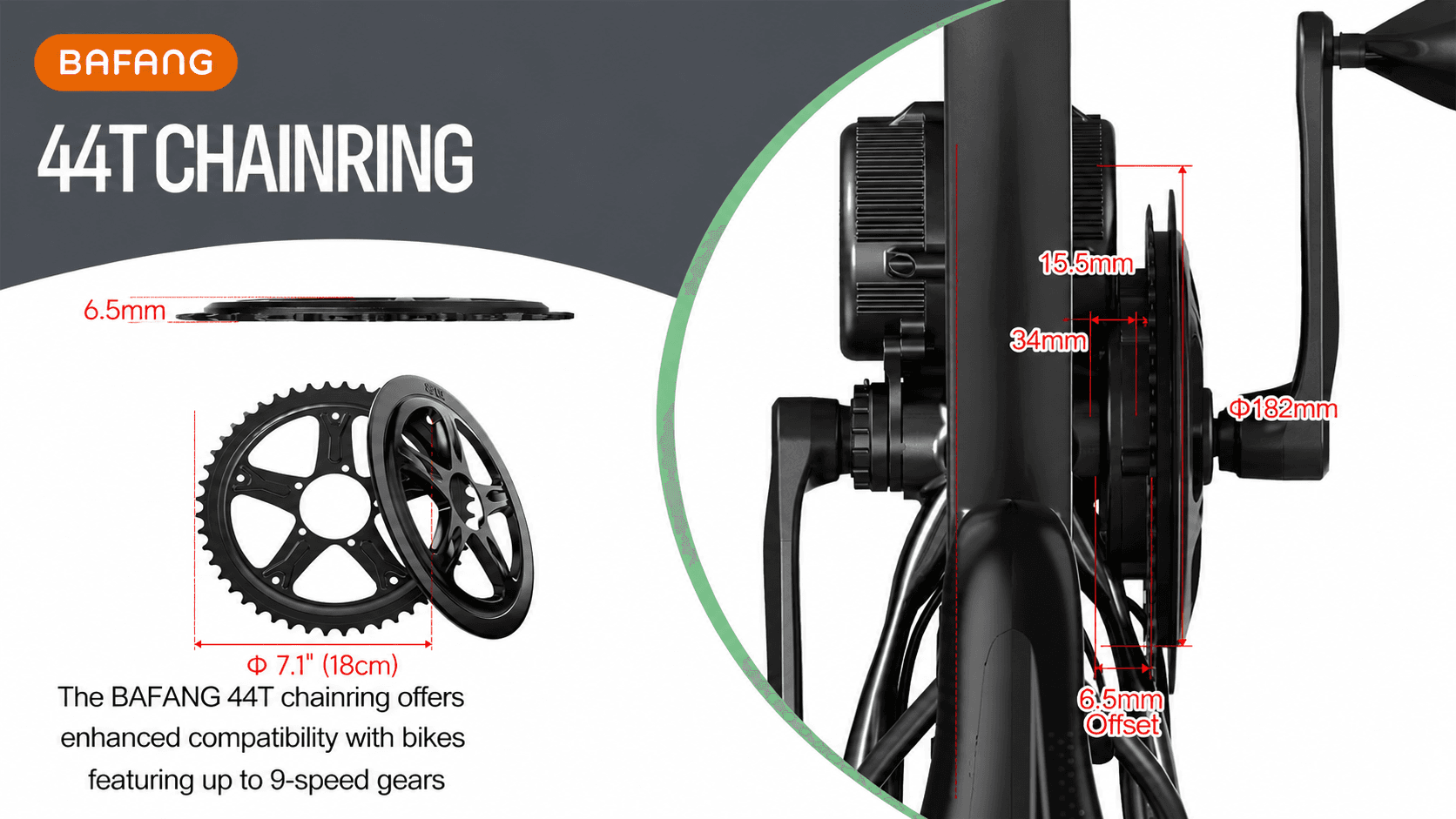 BAFANG 44T chainring Φ7.1 inch 18cm diameter 6.5mm offset with full chain guard cover, installation dimension diagram fit 9-speed mid drive electric bike