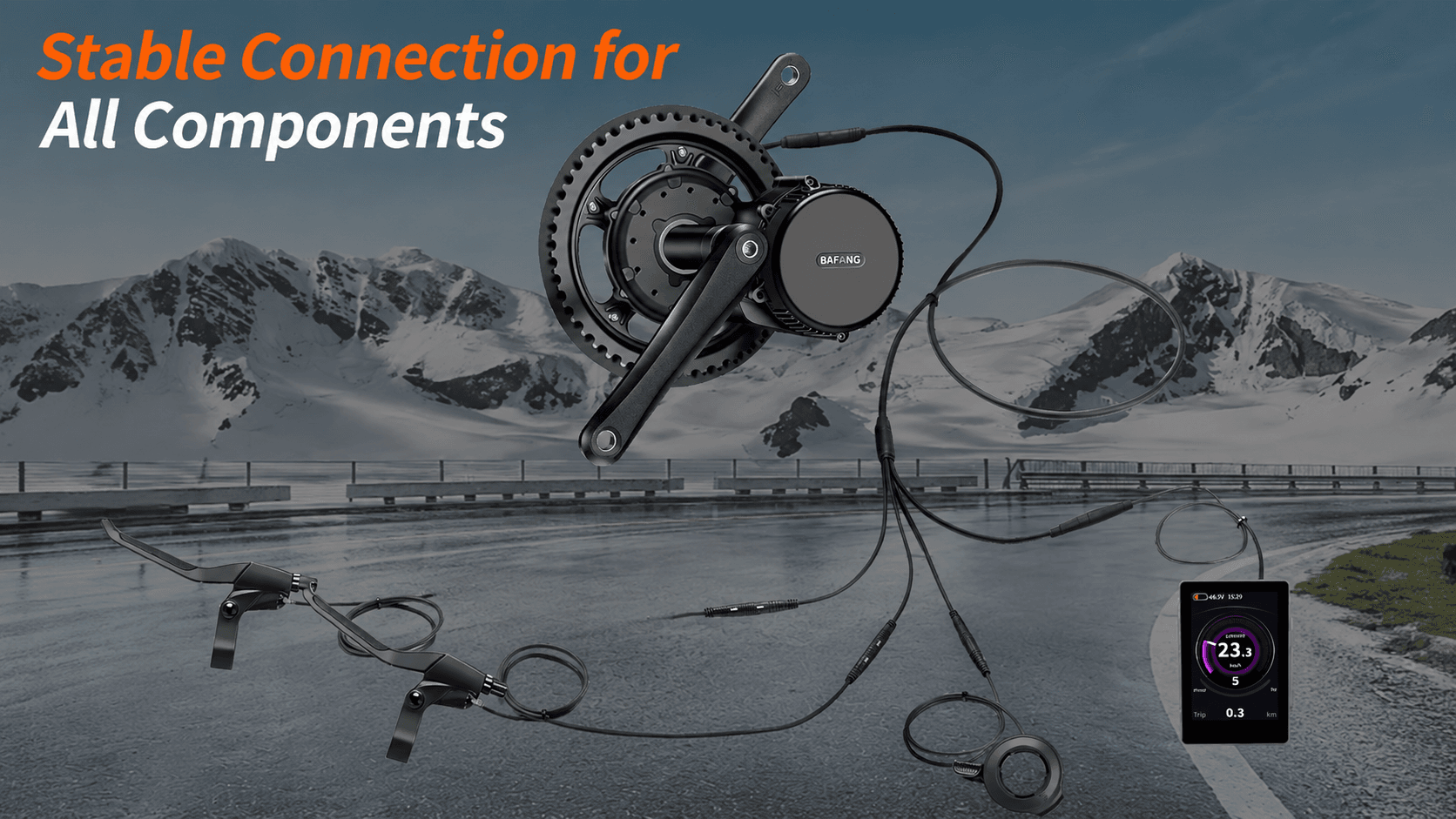 Outdoor mountain road riding scene, Bafang mid drive system runs stably with 1T4 harness connection even on bumpy pavements
