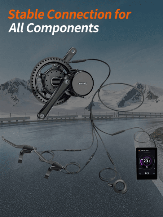 Outdoor mountain road riding scene, full stable connection of Bafang mid motor, display, throttle, brake levers with 1T4 ebike splitter harness cable