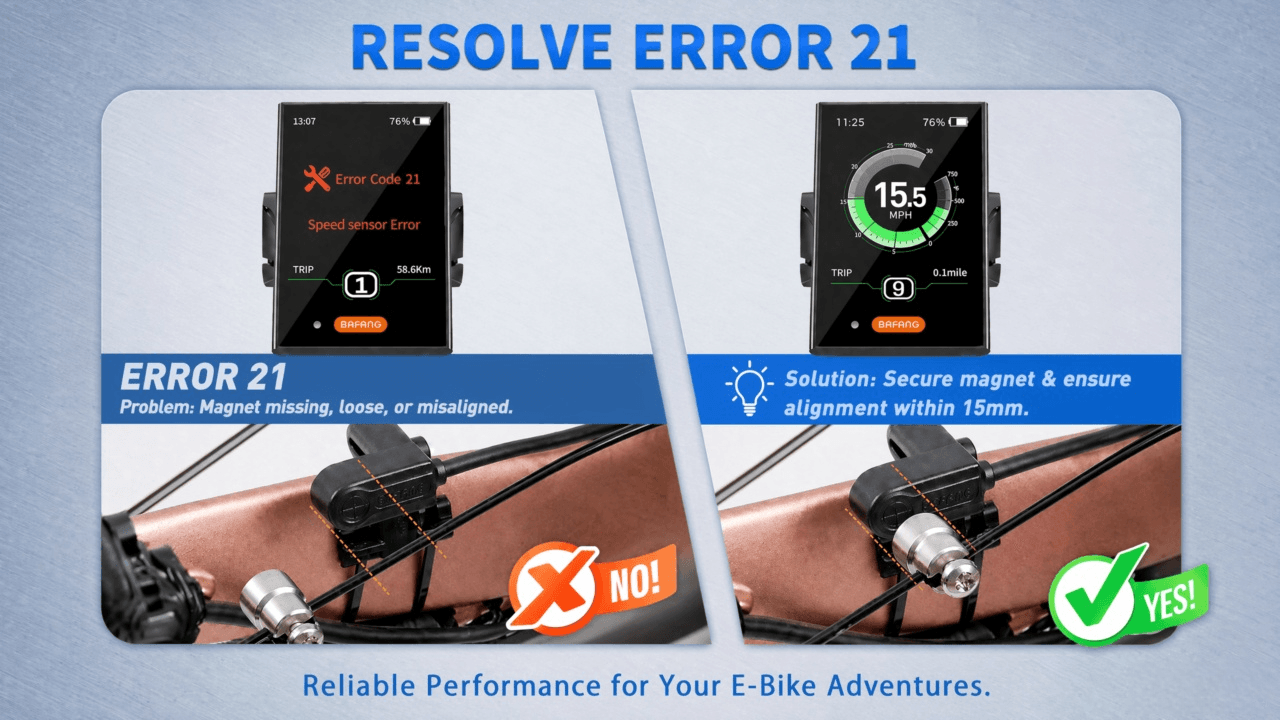 Troubleshoot Error Code 21 speed sensor error for Bafang ebike, solve missing/loose/misaligned magnet issue with complete speed sensor replacement kit