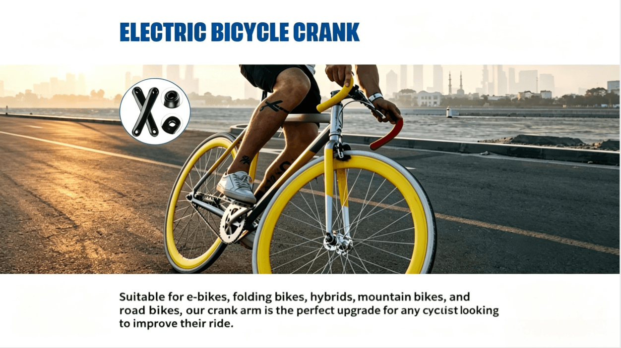 Sunset seaside cycling lifestyle photo, yellow frame road bike, text shows crank fits e-bikes, mountain, folding, hybrid and road bikes
