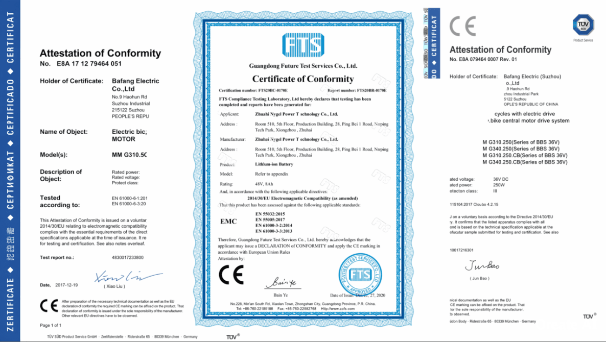 EU CE Attestation of Conformity certificate for electric bicycle mid drive motor and crank arm, official TUV and FTS certification document